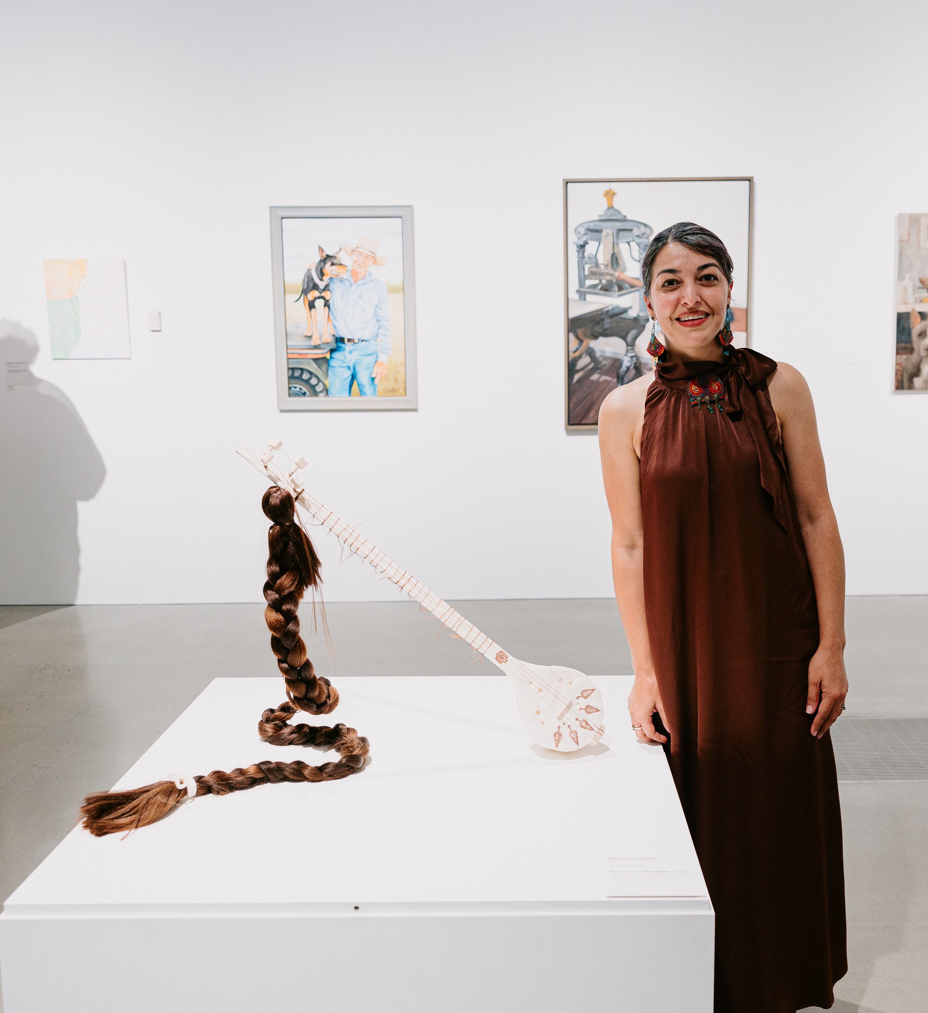 Niloufar Lovegrove with Resonance of Freedom 2023, Winner of the 2023 Bayton Award, Paulownia wood, Mulberry Paper, ink, Synthetic hair, Strings, Wire. 65 x 80 x 55. Photo: Nathan Hutcheon, Fern Valley Films.JPG